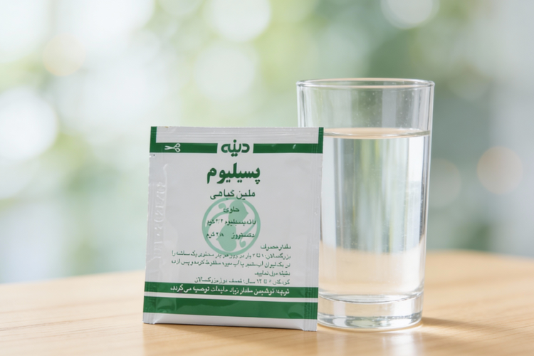 ساشه پسیلیوم دینه کنار لیوان آب برای مصرف و جلوگیری از مضرات